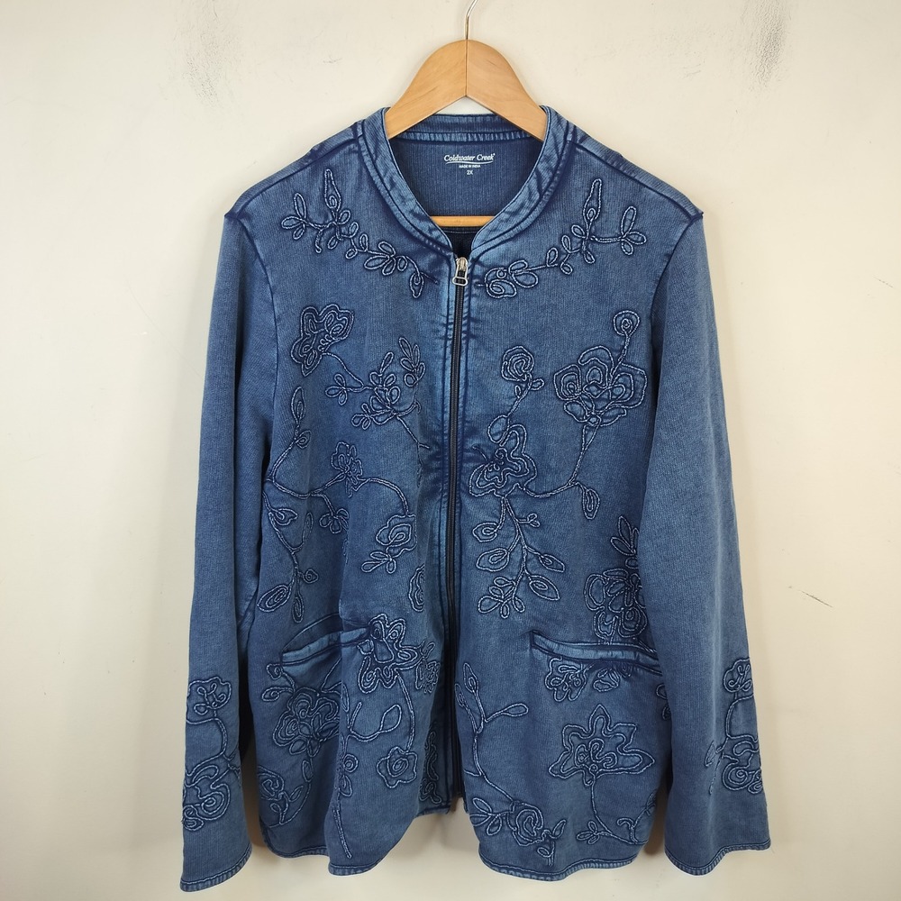 Coldwater Creek Floral Embroidered Zip Jacket 2X Indigo Blue Cotton